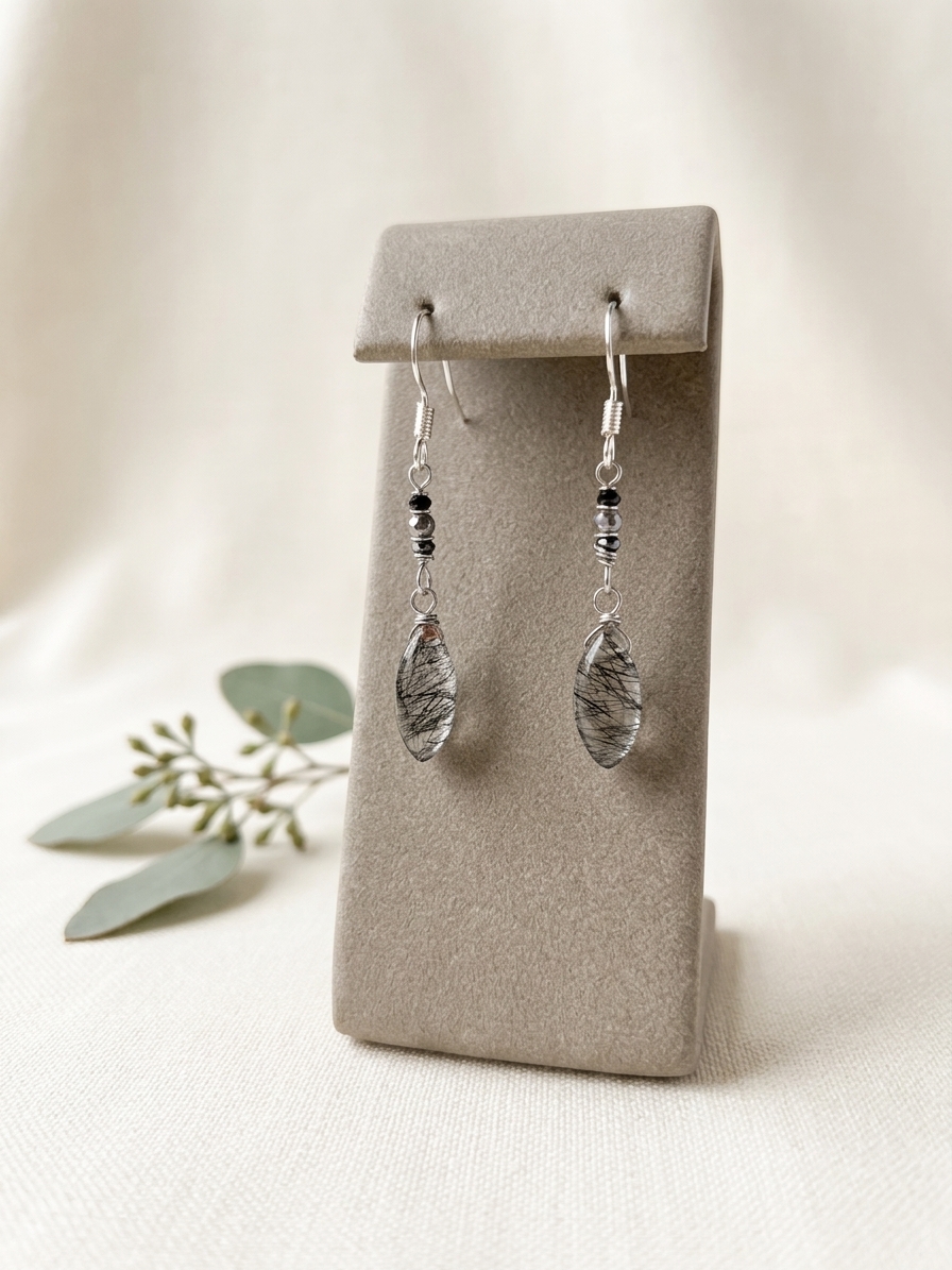 Eww, David - featuring Faceted Black Spinel Rounds, Faceted Hematite, Tourmalated Quartz Marquise Briolettes, Stainless Steel Wire, Silver Tone Copper Wire, Stainless Steel Ear Hooks angle 3