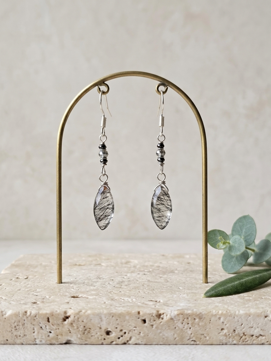 Eww, David - featuring Faceted Black Spinel Rounds, Faceted Hematite, Tourmalated Quartz Marquise Briolettes, Stainless Steel Wire, Silver Tone Copper Wire, Stainless Steel Ear Hooks