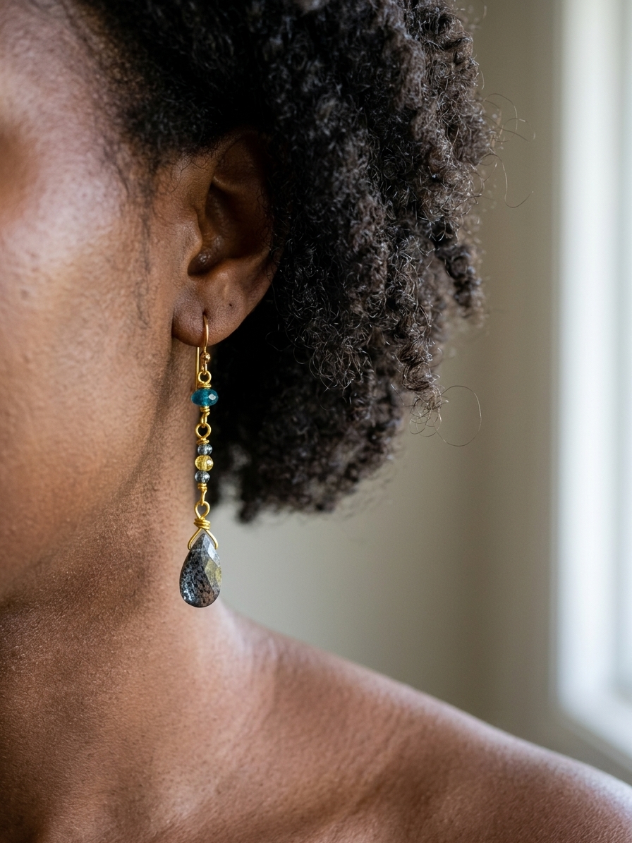 Flotsum and Jetsum- featuring Flat Faceted Kyanite Briolettes, Faceted Round Yellow Quartz, Faceted Round Kyanite, Faceted Neon Apatite, Gold Plated Stainless Steel Wire, Gold Plated Copper Wire, Stainless Steel Chain, Nickel Free Gold Plated Stainless Steel Ear Hooks angle 2