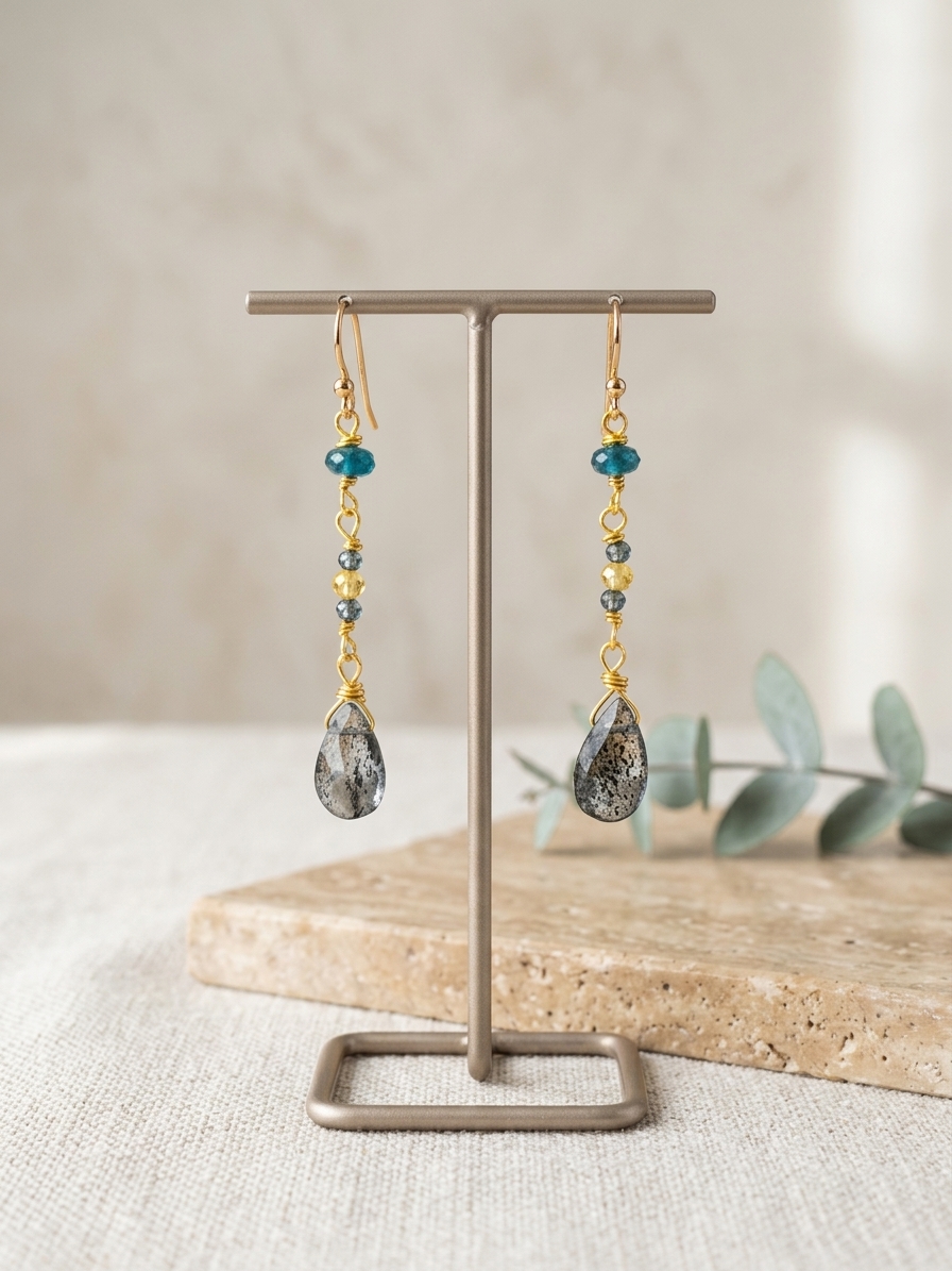 Flotsum and Jetsum- featuring Flat Faceted Kyanite Briolettes, Faceted Round Yellow Quartz, Faceted Round Kyanite, Faceted Neon Apatite, Gold Plated Stainless Steel Wire, Gold Plated Copper Wire, Stainless Steel Chain, Nickel Free Gold Plated Stainless Steel Ear Hooks angle 3