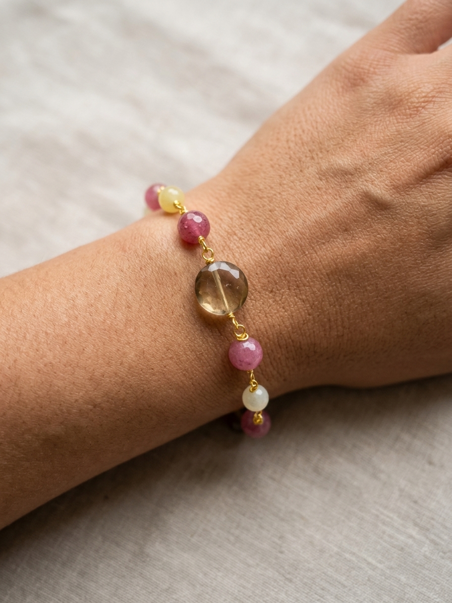 Fluttershy - featuring Faceted Citrine Coins, Faceted Pink Jade, Butter Yellow Jade Rounds, Gold Plated Stainless Steel Wire, Gold Plated Copper Wire, Gold Plated Brass angle 2