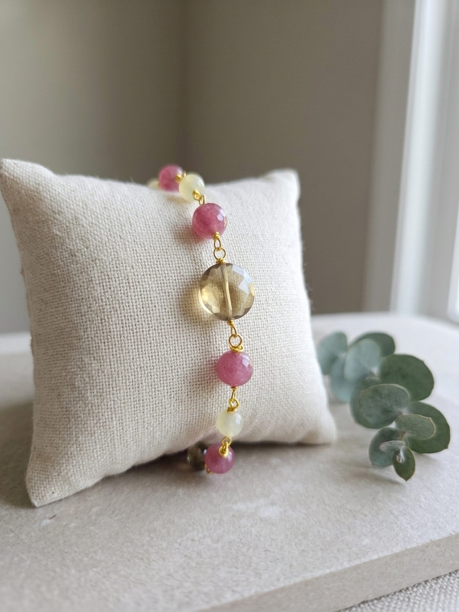 Fluttershy - featuring Faceted Citrine Coins, Faceted Pink Jade, Butter Yellow Jade Rounds, Gold Plated Stainless Steel Wire, Gold Plated Copper Wire, Gold Plated Brass angle 3