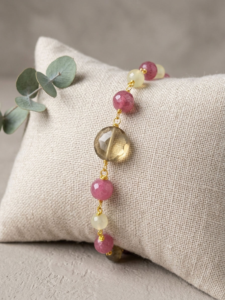 Fluttershy - featuring Faceted Citrine Coins, Faceted Pink Jade, Butter Yellow Jade Rounds, Gold Plated Stainless Steel Wire, Gold Plated Copper Wire, Gold Plated Brass