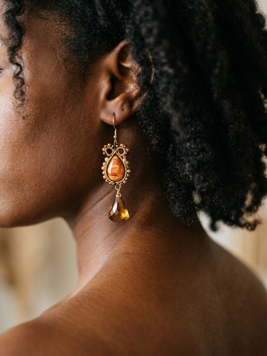Gerudo Desert - featuring Mexican Fire Opals, Beer Quartz, Pietersite, Pyrite, Gold Tone Copper Wire, Gold Plated Sterling Silver Ear Hooks angle 2