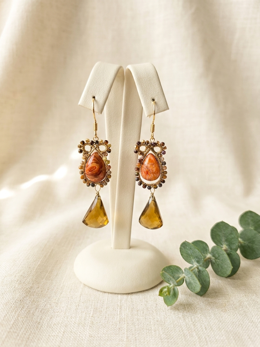 Gerudo Desert - featuring Mexican Fire Opals, Beer Quartz, Pietersite, Pyrite, Gold Tone Copper Wire, Gold Plated Sterling Silver Ear Hooks angle 3