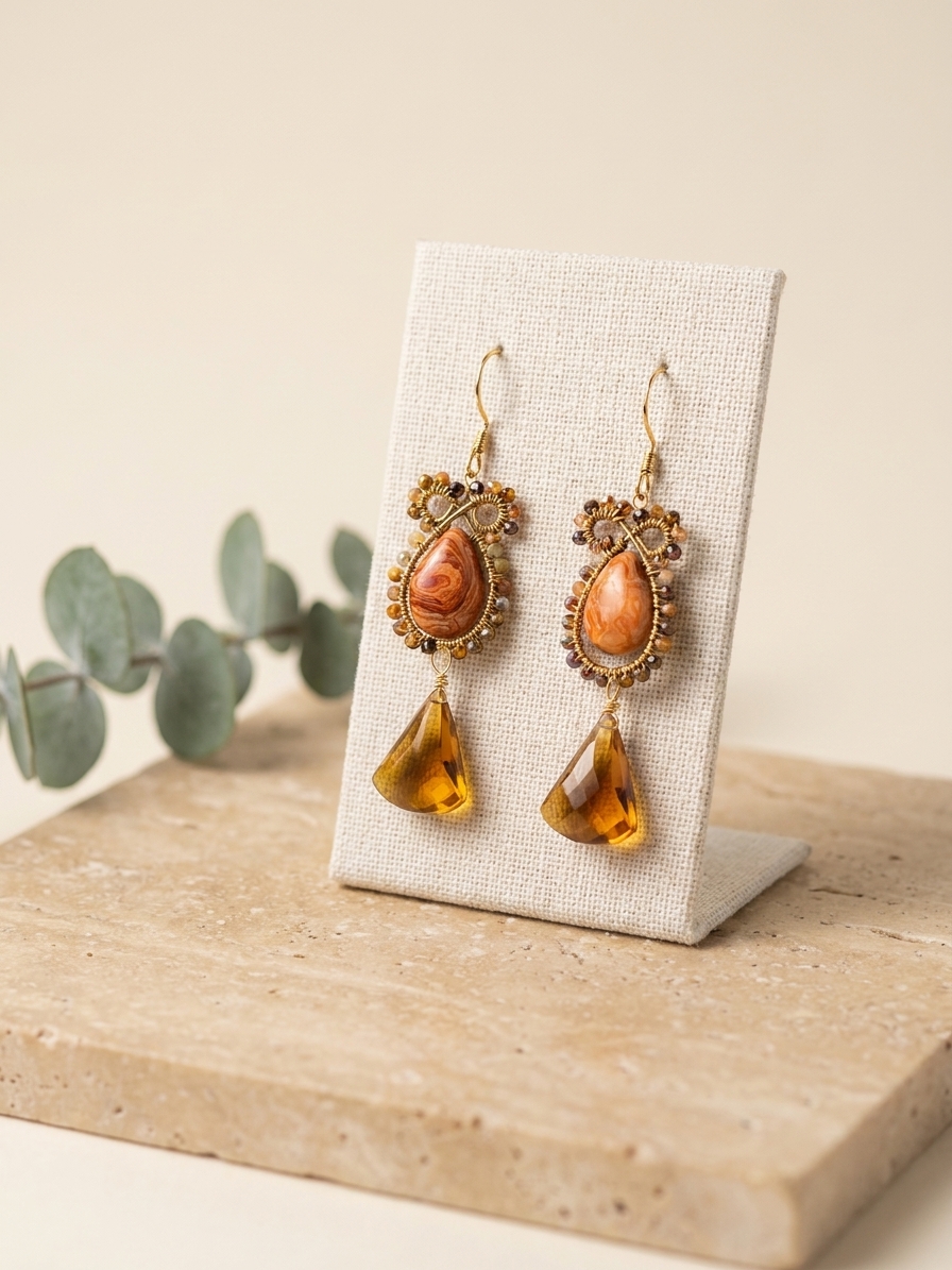 Gerudo Desert - featuring Mexican Fire Opals, Beer Quartz, Pietersite, Pyrite, Gold Tone Copper Wire, Gold Plated Sterling Silver Ear Hooks