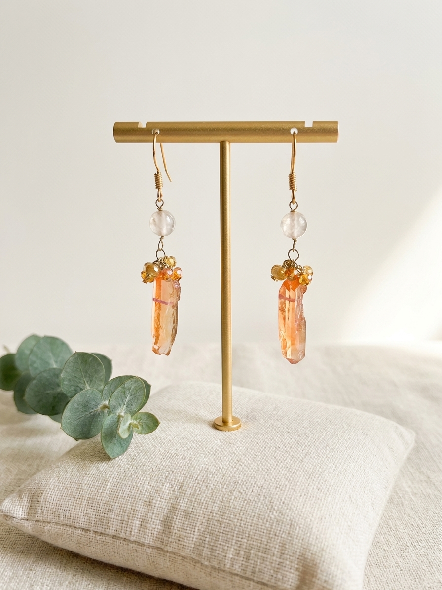 Golden Hour - featuring Rose Quartz, Citrine, Orange Quartz, Aura Quartz, Gold Tone Copper Wire, Gold Plated Sterling Silver angle 3