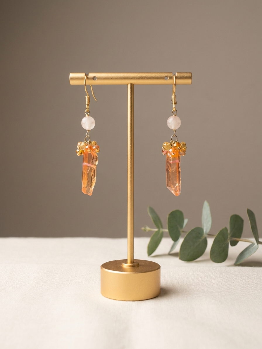 Golden Hour - featuring Rose Quartz, Citrine, Orange Quartz, Aura Quartz, Gold Tone Copper Wire, Gold Plated Sterling Silver