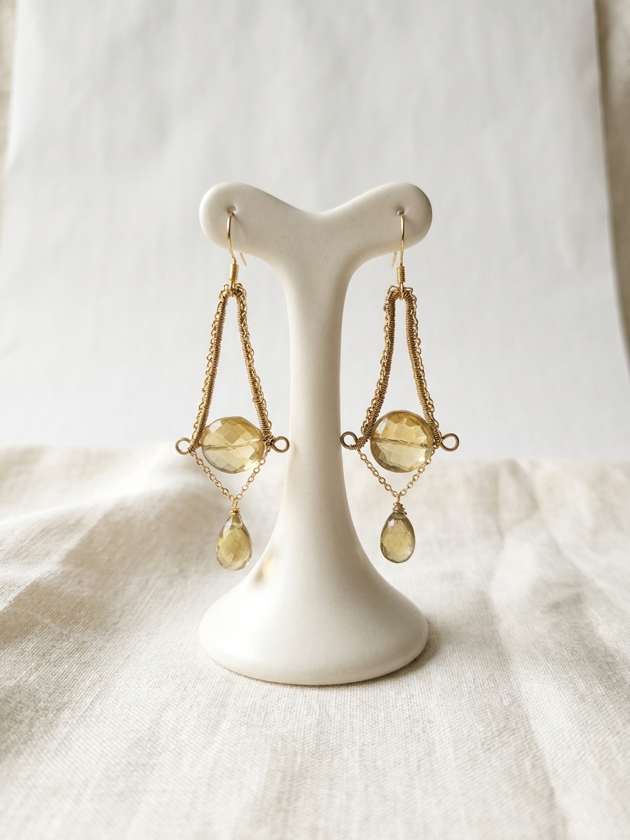 Goldeneye - featuring Lemon Quartz, Grossular Garnet, Gold Plated Brass Chain, Gold Tone Copper Wire, Gold Plated Sterling Silver angle 3