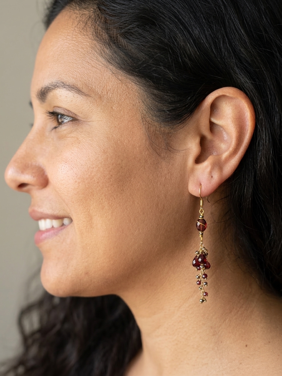 Grapes of Wrath - featuring Faceted Flat Garnet Ovals, Faceted Pyrite Rounds, Faceted Garnet Rounds, Faceted AAA Garnet Briolettes, Gold Plated Brass Chain, Gold Plated Stainless Steel Wire, Gold Plated Copper Wire, Nickel Free Gold Plated Stainless Steel Ear Hooks angle 2