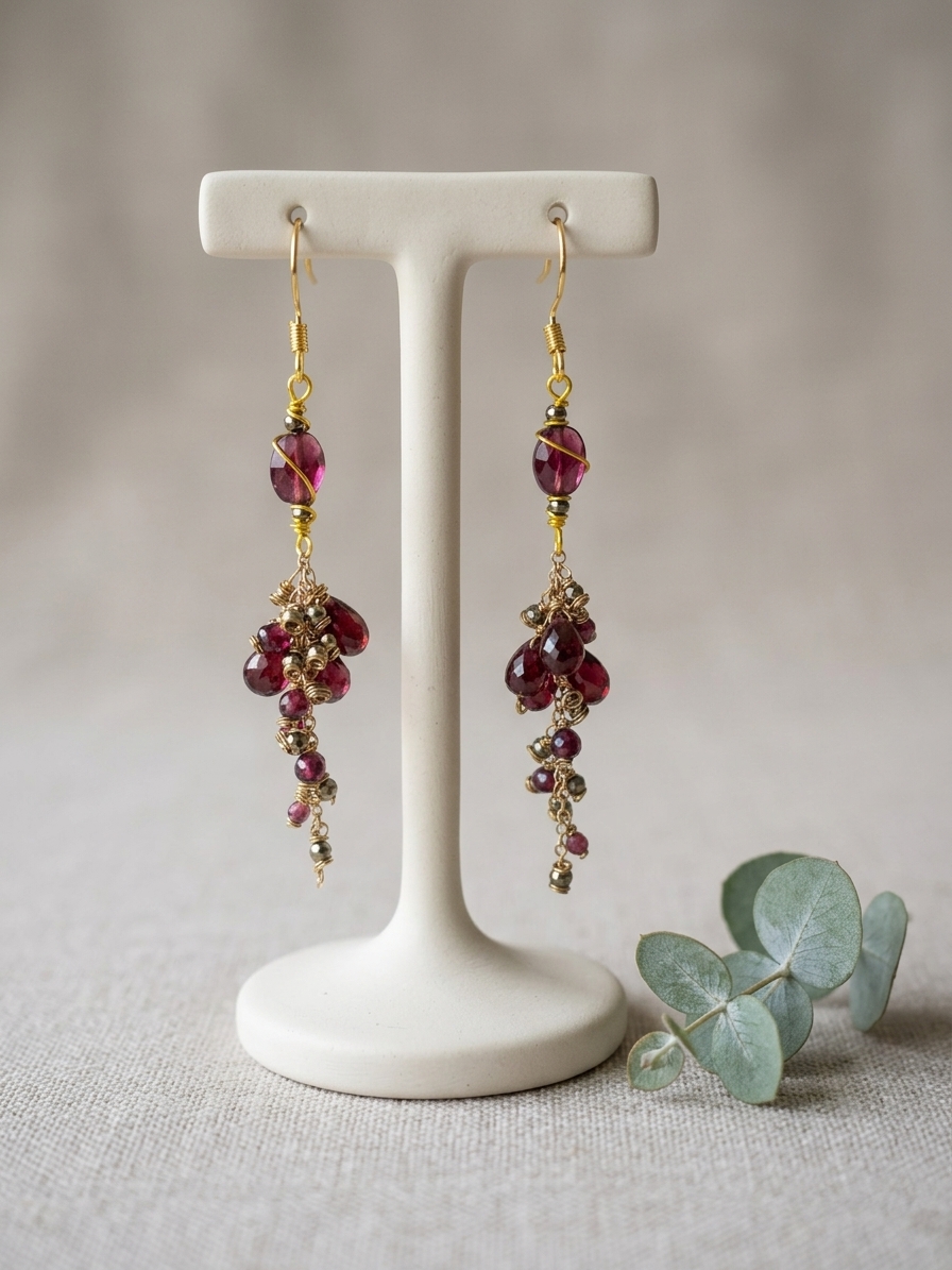 Grapes of Wrath - featuring Faceted Flat Garnet Ovals, Faceted Pyrite Rounds, Faceted Garnet Rounds, Faceted AAA Garnet Briolettes, Gold Plated Brass Chain, Gold Plated Stainless Steel Wire, Gold Plated Copper Wire, Nickel Free Gold Plated Stainless Steel Ear Hooks angle 3