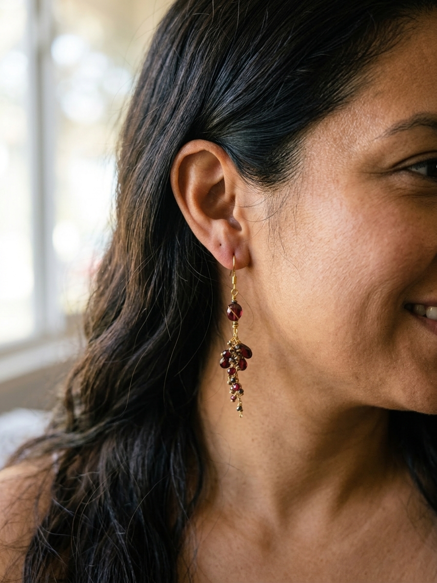 Grapes of Wrath - featuring Faceted Flat Garnet Ovals, Faceted Pyrite Rounds, Faceted Garnet Rounds, Faceted AAA Garnet Briolettes, Gold Plated Brass Chain, Gold Plated Stainless Steel Wire, Gold Plated Copper Wire, Nickel Free Gold Plated Stainless Steel Ear Hooks angle 4