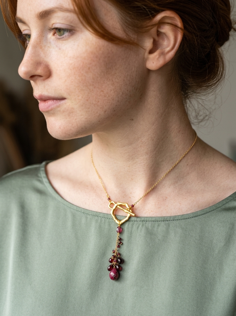 Grapes of Wrath - featuring Faceted Flat Garnet Ovals, Faceted Garnet Rounds, Faceted Garnet Briolettes, Faceted Ruby Briolette, Gold Plated Brass Chain, Gold Plated Stainless Steel Wire, Gold Plated Copper Wire angle 2