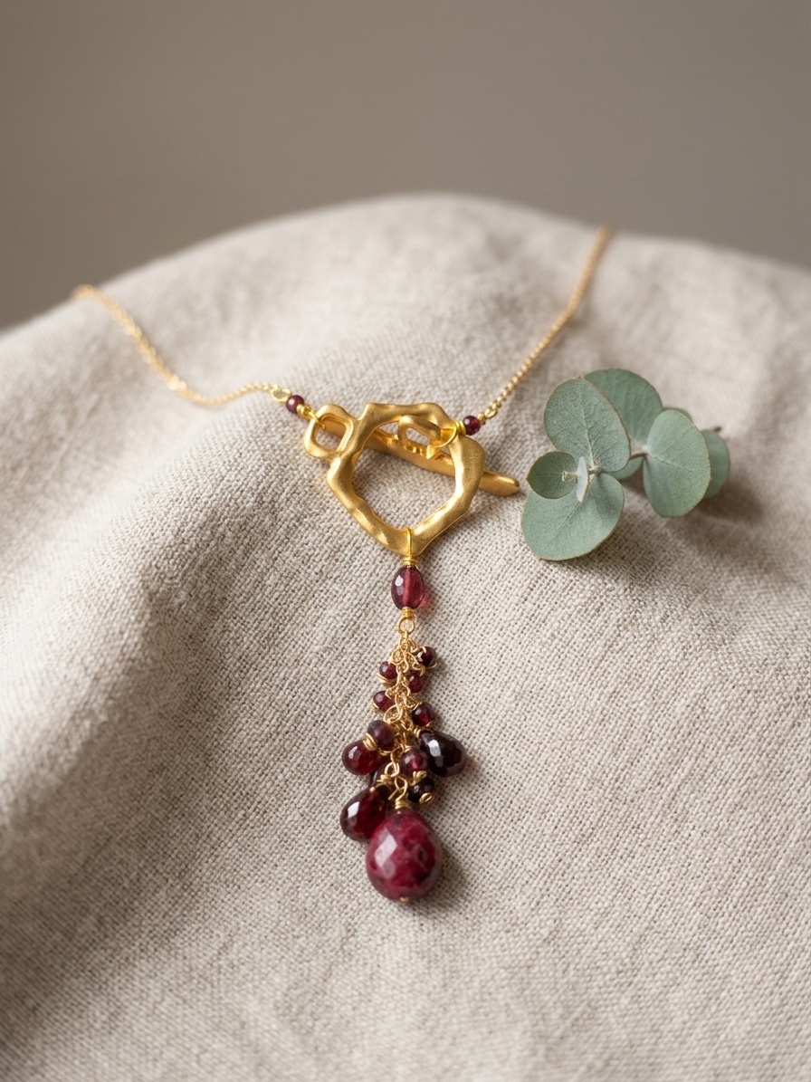Grapes of Wrath - featuring Faceted Flat Garnet Ovals, Faceted Garnet Rounds, Faceted Garnet Briolettes, Faceted Ruby Briolette, Gold Plated Brass Chain, Gold Plated Stainless Steel Wire, Gold Plated Copper Wire angle 3