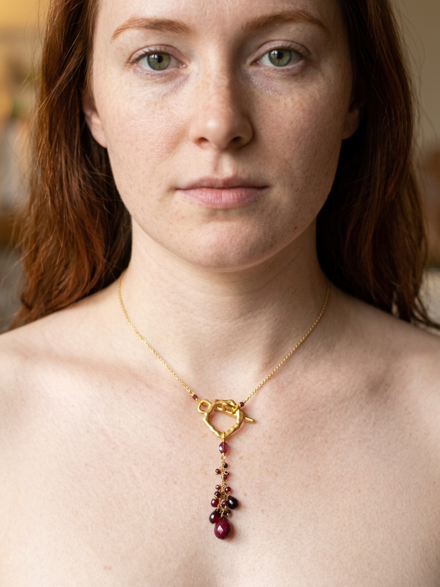 Grapes of Wrath - featuring Faceted Flat Garnet Ovals, Faceted Garnet Rounds, Faceted Garnet Briolettes, Faceted Ruby Briolette, Gold Plated Brass Chain, Gold Plated Stainless Steel Wire, Gold Plated Copper Wire angle 4