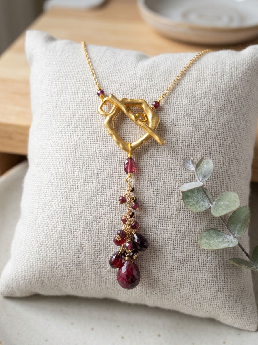 Grapes of Wrath - featuring Faceted Flat Garnet Ovals, Faceted Garnet Rounds, Faceted Garnet Briolettes, Faceted Ruby Briolette, Gold Plated Brass Chain, Gold Plated Stainless Steel Wire, Gold Plated Copper Wire