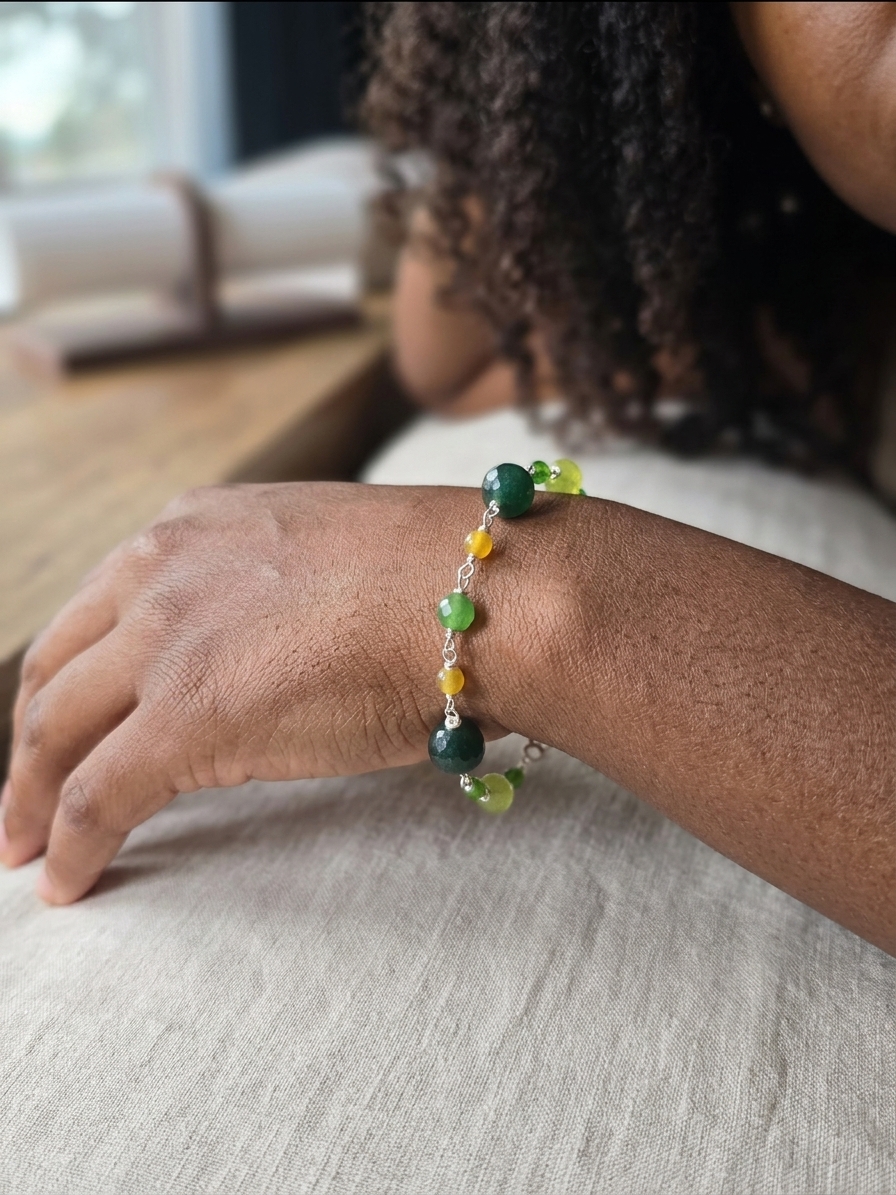 Green Goblin - featuring Faceted Deep Green Jade Rounds, Faceted Kelly Green Jade Rounds, Faceted Mustard Yellow Jade Rounds, Stainless Steel Wire, Silver Tone Copper Wire, Stainless Steel Hook and Eye Clasp angle 2