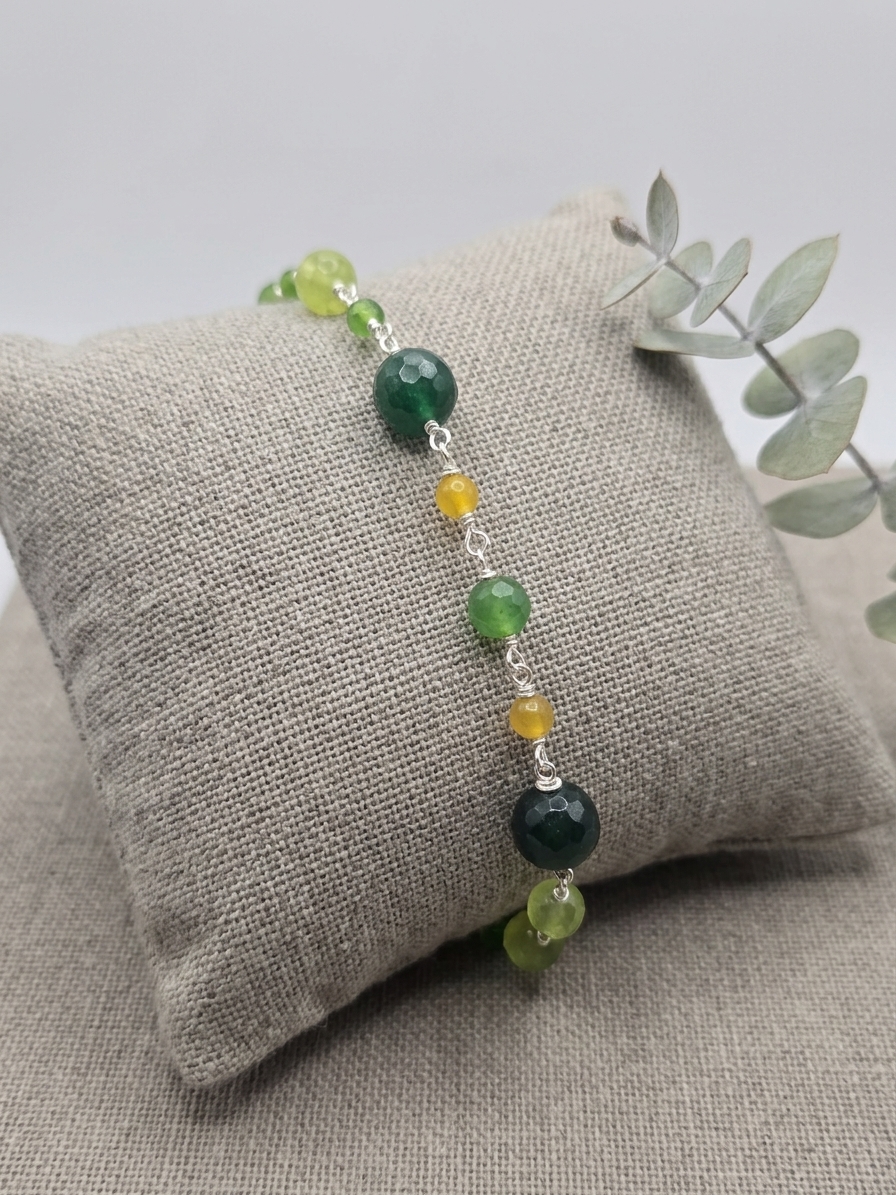Green Goblin - featuring Faceted Deep Green Jade Rounds, Faceted Kelly Green Jade Rounds, Faceted Mustard Yellow Jade Rounds, Stainless Steel Wire, Silver Tone Copper Wire, Stainless Steel Hook and Eye Clasp angle 3