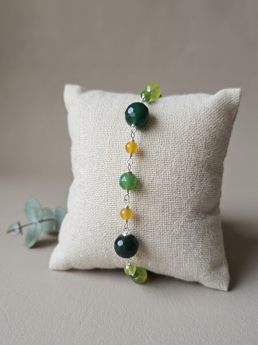 Green Goblin - featuring Faceted Deep Green Jade Rounds, Faceted Kelly Green Jade Rounds, Faceted Mustard Yellow Jade Rounds, Stainless Steel Wire, Silver Tone Copper Wire, Stainless Steel Hook and Eye Clasp