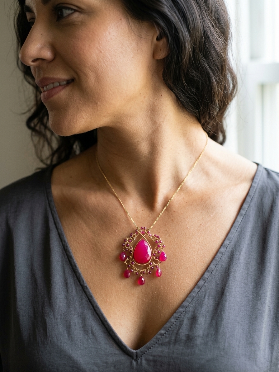 Hermione's Yule Gown - featuring Pink Chalcedony, Pink Quartz, Hot Pink Quartz, Rhodolite Garnet, Gold Plated Hematite, Gold Plated Stainless Steel Wire, Gold Plated Copper Wire, Gold Plated Brass Chain angle 2