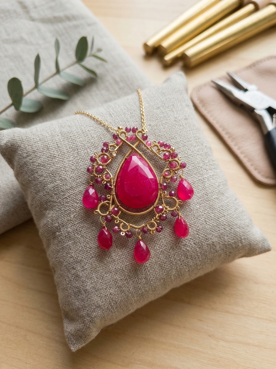 Hermione's Yule Gown - featuring Pink Chalcedony, Pink Quartz, Hot Pink Quartz, Rhodolite Garnet, Gold Plated Hematite, Gold Plated Stainless Steel Wire, Gold Plated Copper Wire, Gold Plated Brass Chain angle 3
