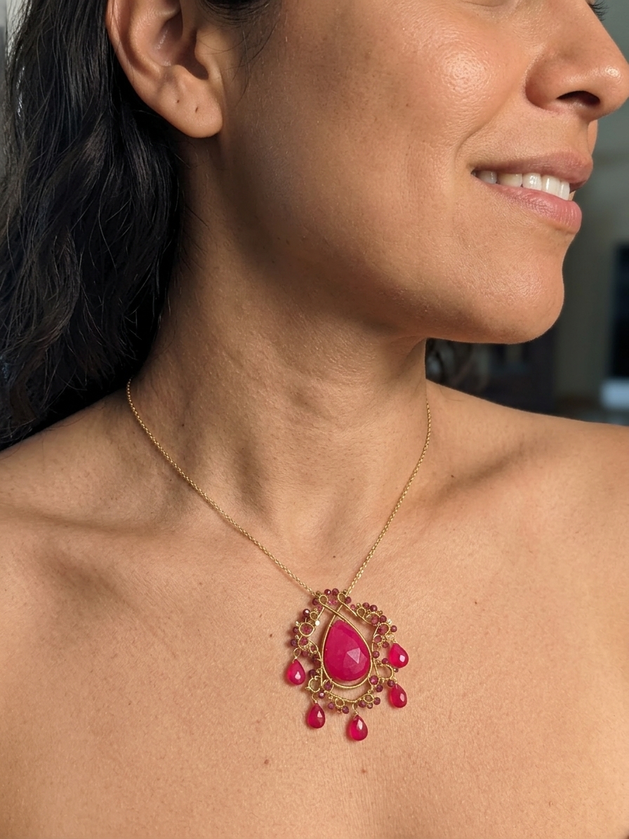 Hermione's Yule Gown - featuring Pink Chalcedony, Pink Quartz, Hot Pink Quartz, Rhodolite Garnet, Gold Plated Hematite, Gold Plated Stainless Steel Wire, Gold Plated Copper Wire, Gold Plated Brass Chain angle 4