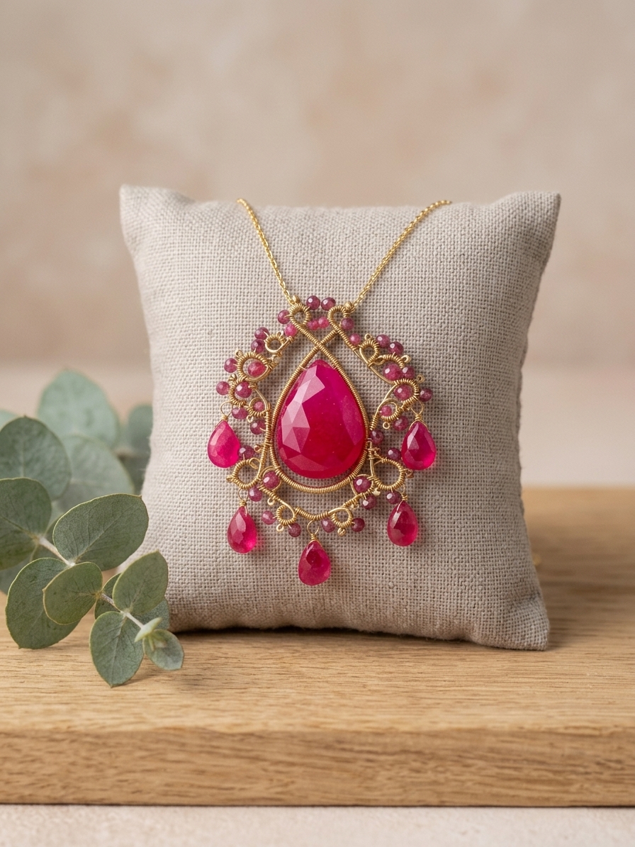 Hermione's Yule Gown - featuring Pink Chalcedony, Pink Quartz, Hot Pink Quartz, Rhodolite Garnet, Gold Plated Hematite, Gold Plated Stainless Steel Wire, Gold Plated Copper Wire, Gold Plated Brass Chain