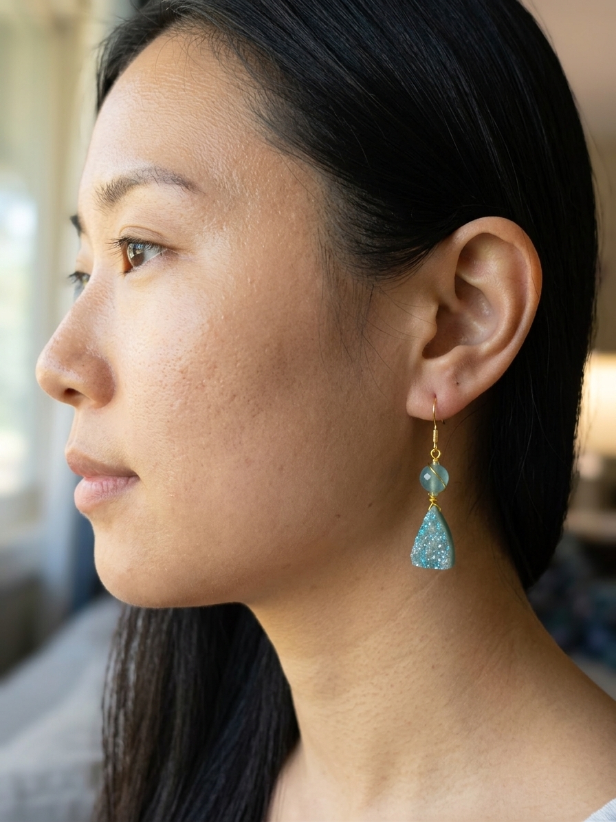 King Trident - featuring Mystic Druzy Quartz Briolettes, Faceted Blue Jade, Faceted Aquamarine Rondelles, Gold Plated Stainless Steel Wire, Gold Plated Copper Wire, Gold Plated Brass Chain, Nickel Free Gold Plated Stainless Steel Ear Hooks angle 2