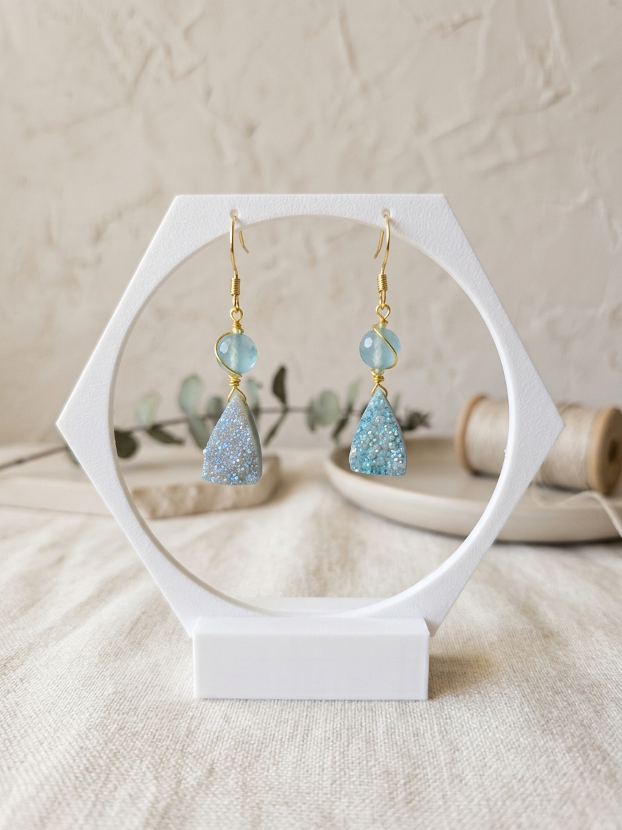 King Trident - featuring Mystic Druzy Quartz Briolettes, Faceted Blue Jade, Faceted Aquamarine Rondelles, Gold Plated Stainless Steel Wire, Gold Plated Copper Wire, Gold Plated Brass Chain, Nickel Free Gold Plated Stainless Steel Ear Hooks angle 3