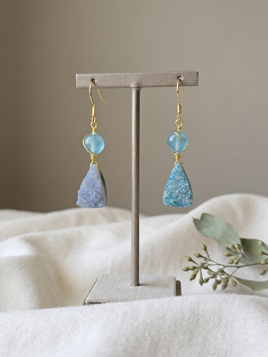 King Trident - featuring Mystic Druzy Quartz Briolettes, Faceted Blue Jade, Faceted Aquamarine Rondelles, Gold Plated Stainless Steel Wire, Gold Plated Copper Wire, Gold Plated Brass Chain, Nickel Free Gold Plated Stainless Steel Ear Hooks