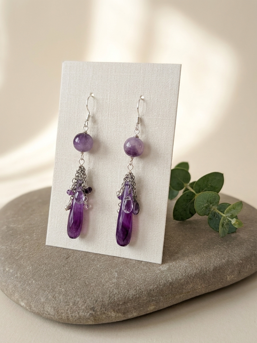 Lady Ah-Duo - featuring Amethyst, Pink Amethyst, Purple Chalcedony, Freshwater Pearls, Iolite, Silver Tone Copper Wire, Sterling Silver Hook angle 3