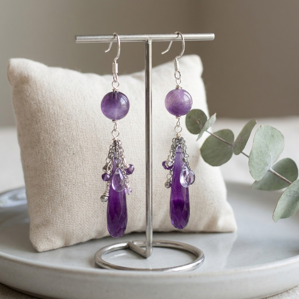 Lady Ah-Duo - featuring Amethyst, Pink Amethyst, Purple Chalcedony, Freshwater Pearls, Iolite, Silver Tone Copper Wire, Sterling Silver Hook