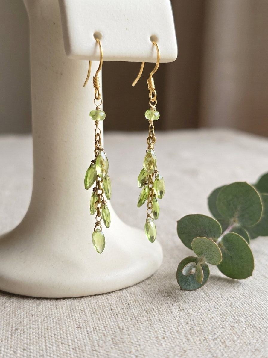 Leafeon - featuring Peridot, Gold Plated Brass Chain, Gold Tone Copper Wire, Gold Plated Sterling Silver