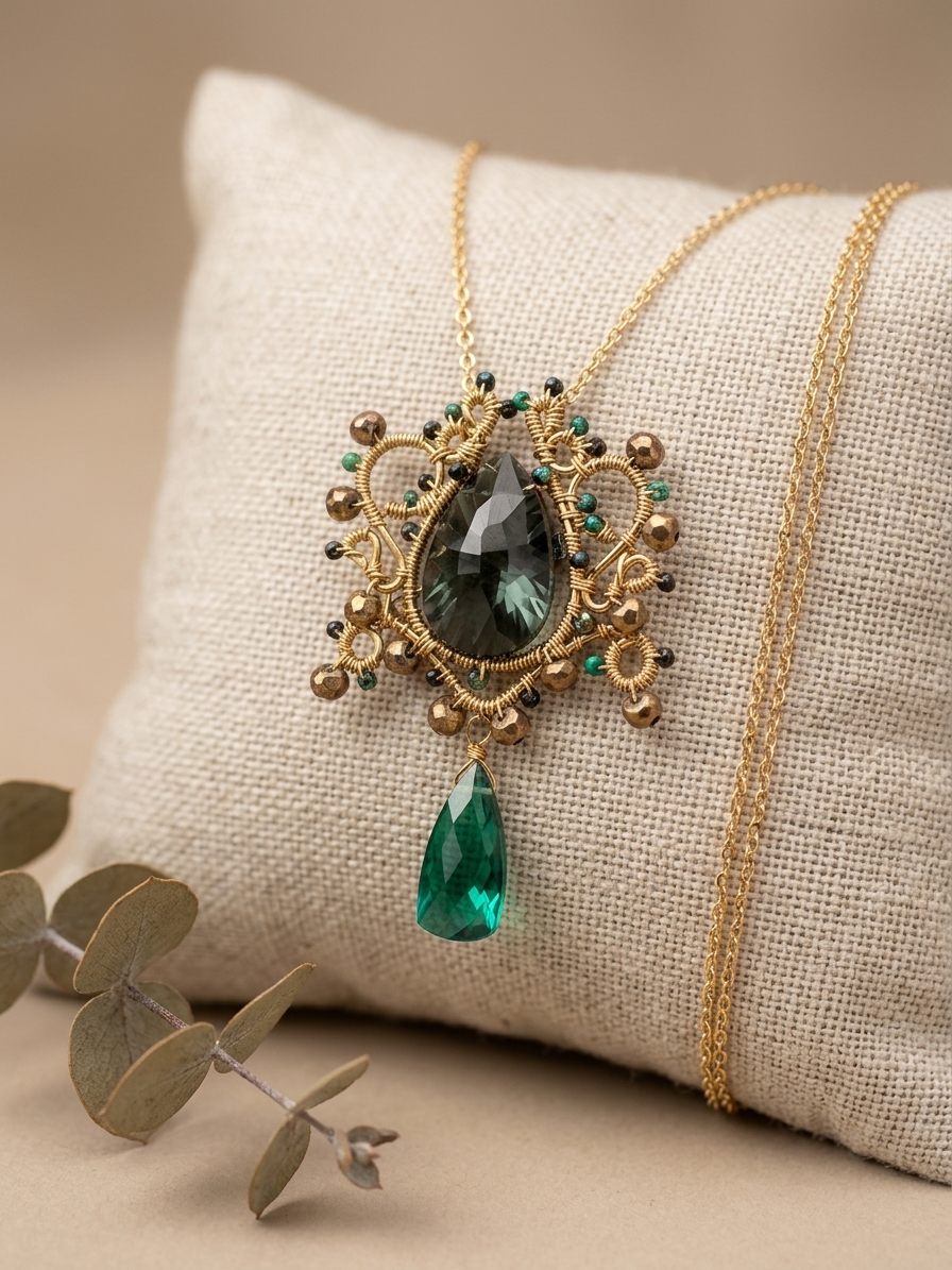 Medusa - featuring Forest Green Quartz, Chrysocolla, Pyrite, Teal Quartz, Gold Tone Copper Wire, Gold Plated Brass, Gold Plated Stainless Steel