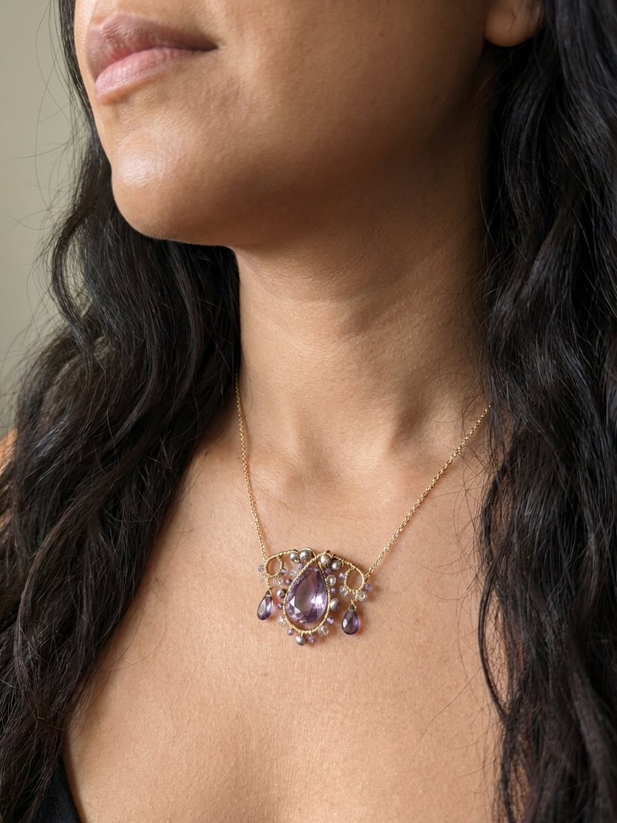 Miss Daphne - featuring Amethyst, Pink Amethyst, Freshwater Pearls, Gold Tone Copper Wire, Gold Plated Brass angle 2