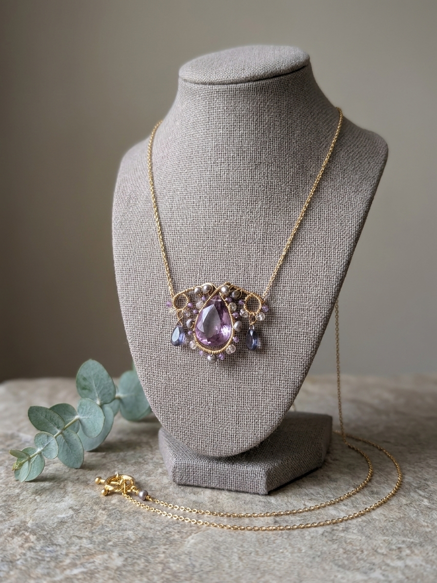 Miss Daphne - featuring Amethyst, Pink Amethyst, Freshwater Pearls, Gold Tone Copper Wire, Gold Plated Brass angle 3