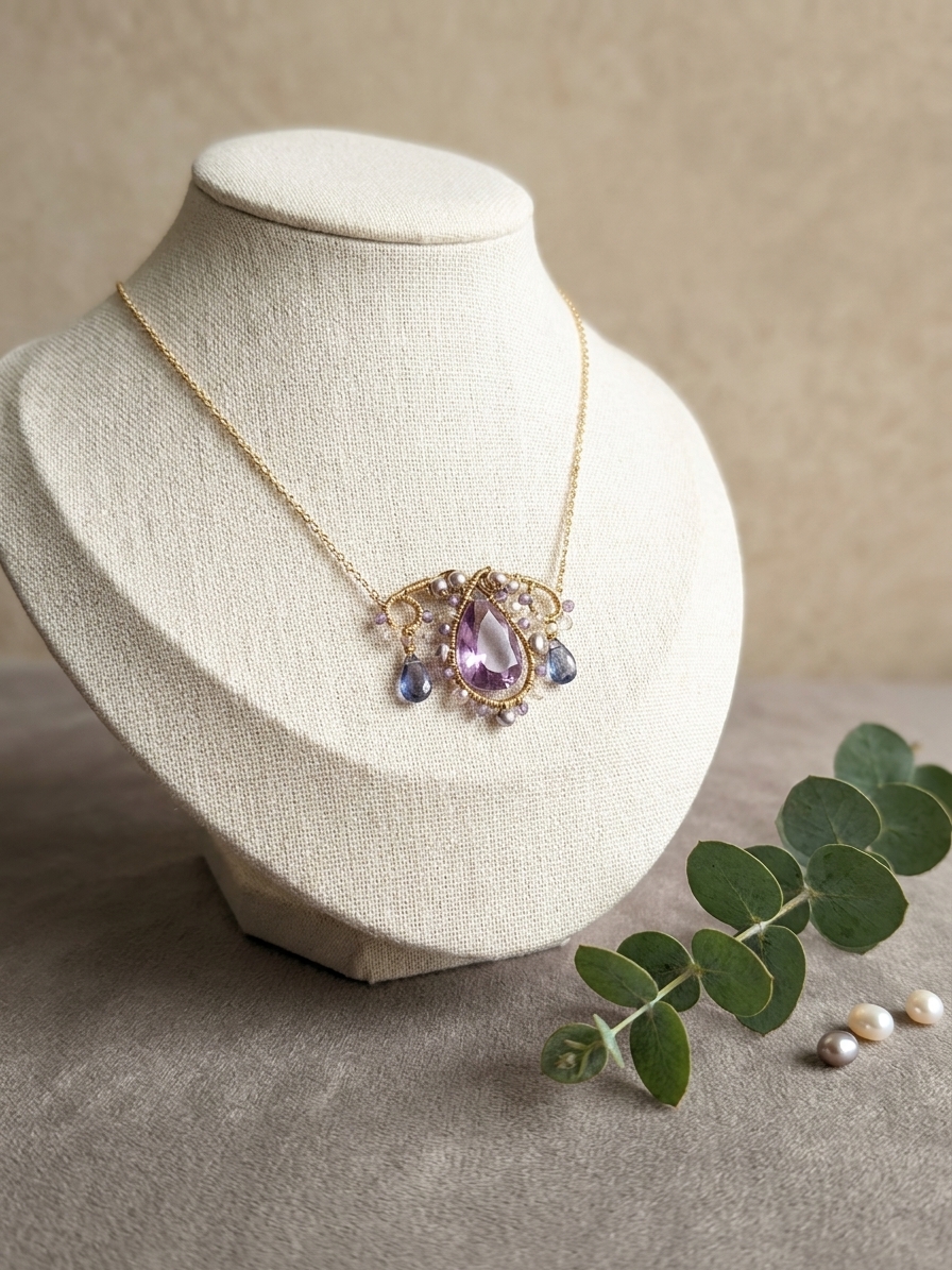 Miss Daphne - featuring Amethyst, Pink Amethyst, Freshwater Pearls, Gold Tone Copper Wire, Gold Plated Brass