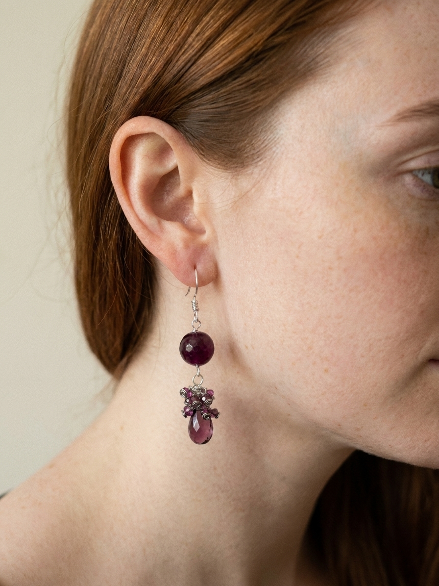 Mother Knows Best - featuring Burgundy Jade, Rhodolite Garnet, Pink Quartz, Silver Tone Copper Wire, Sterling Silver angle 2