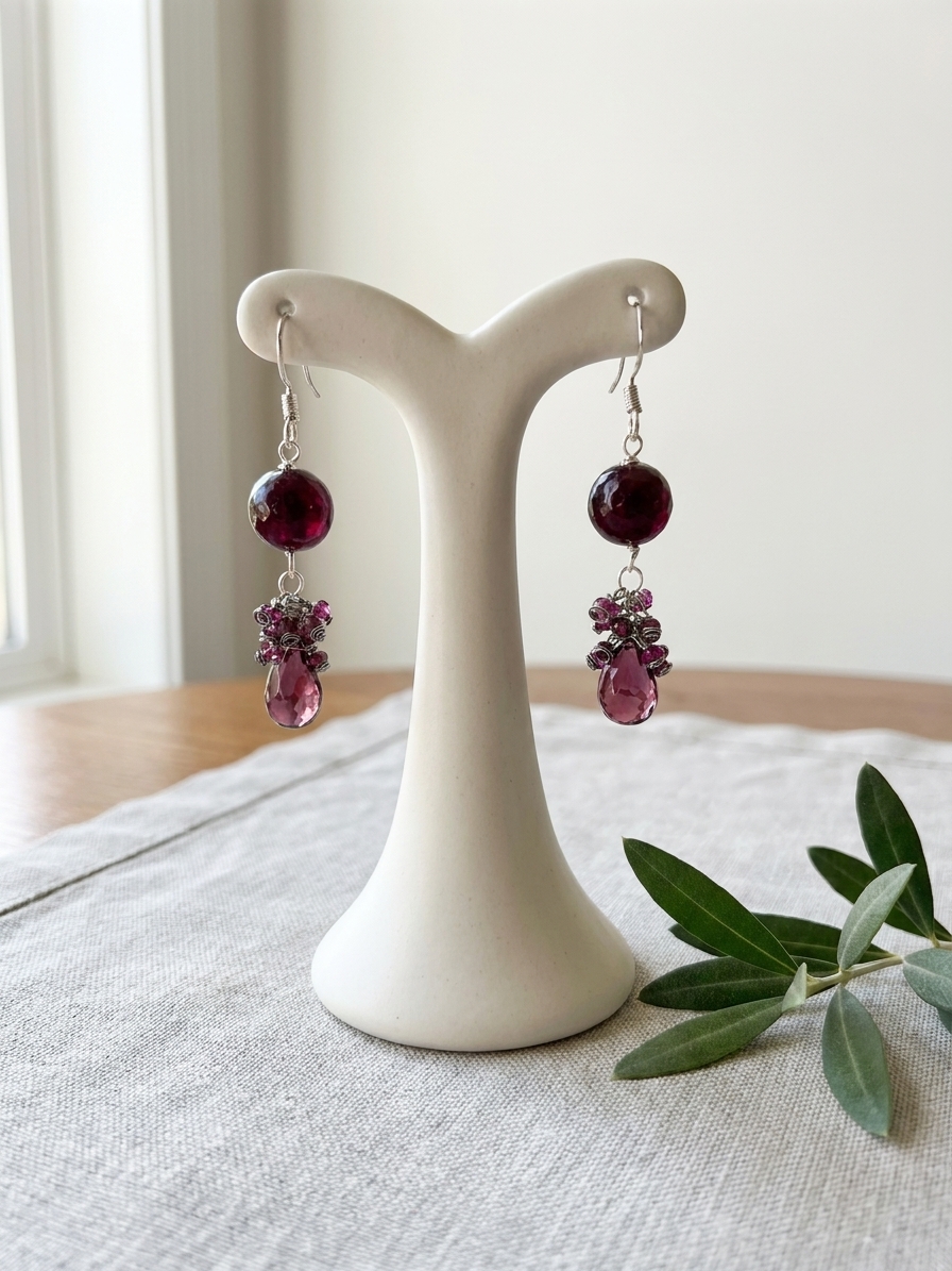 Mother Knows Best - featuring Burgundy Jade, Rhodolite Garnet, Pink Quartz, Silver Tone Copper Wire, Sterling Silver