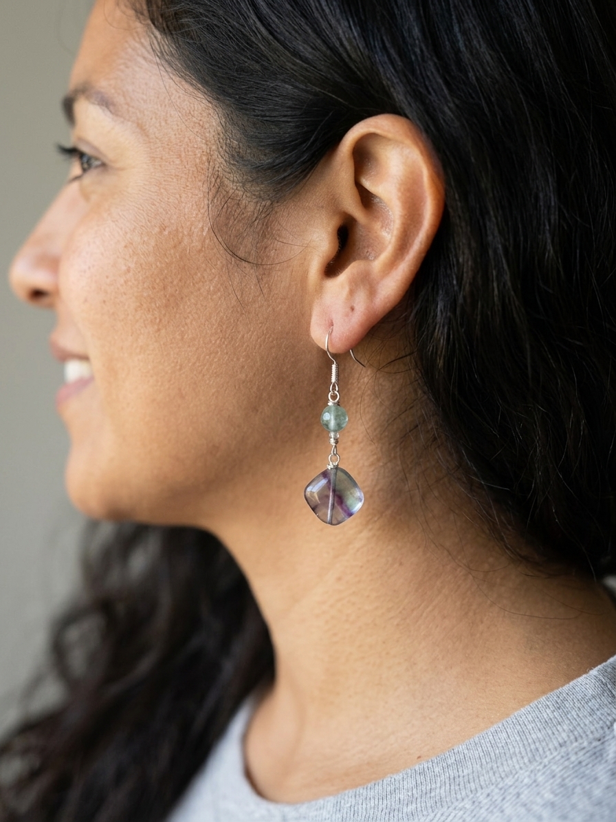 Spike - featuring Puffed Rainbow Fluorite Squares, Faceted Green Fluorite Rounds, Faceted Apatite Rondelles, Stainless Steel Wire, Silver Tone Copper Wire, Stainless Steel Chain, Nickel Free Stainless Steel Ear Hooks angle 2