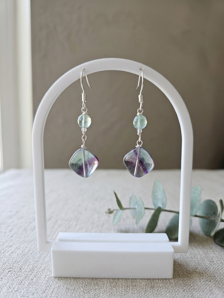 Spike - featuring Puffed Rainbow Fluorite Squares, Faceted Green Fluorite Rounds, Faceted Apatite Rondelles, Stainless Steel Wire, Silver Tone Copper Wire, Stainless Steel Chain, Nickel Free Stainless Steel Ear Hooks angle 3