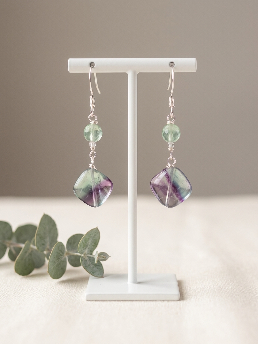 Spike - featuring Puffed Rainbow Fluorite Squares, Faceted Green Fluorite Rounds, Faceted Apatite Rondelles, Stainless Steel Wire, Silver Tone Copper Wire, Stainless Steel Chain, Nickel Free Stainless Steel Ear Hooks