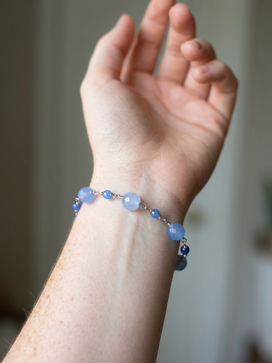 Ode to Andy Sachs' Hideous Sweater - featuring Faceted Baby Blue Jade Rounds, Faceted Cornflower Jade Rounds, Faceted Cerulean Blue Jade Rounds, Stainless Steel Wire, Silver Tone Copper Wire, Stainless Steel Hook and Eye Clasp angle 2