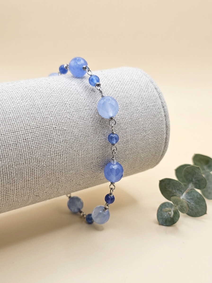 Ode to Andy Sachs' Hideous Sweater - featuring Faceted Baby Blue Jade Rounds, Faceted Cornflower Jade Rounds, Faceted Cerulean Blue Jade Rounds, Stainless Steel Wire, Silver Tone Copper Wire, Stainless Steel Hook and Eye Clasp