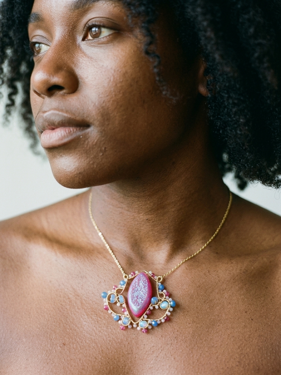 Once Upon A Dream - featuring Aurora Drury Quartz, Ethiopian Opal, Blue Lace Agate, Raspberry Quartz, Pink Opal, Gold Tone Copper Wire, Gold Plated Brass angle 2