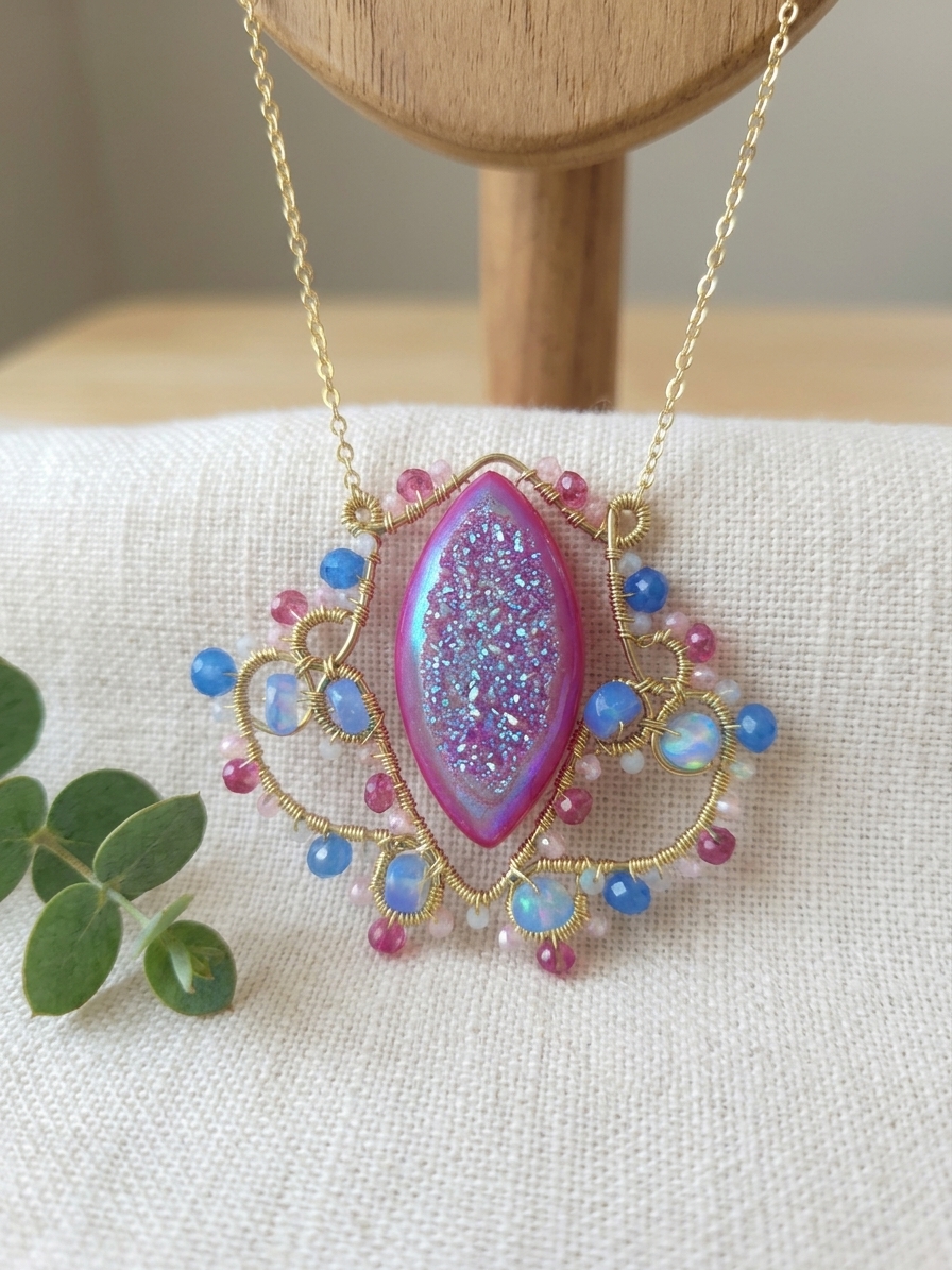 Once Upon A Dream - featuring Aurora Drury Quartz, Ethiopian Opal, Blue Lace Agate, Raspberry Quartz, Pink Opal, Gold Tone Copper Wire, Gold Plated Brass angle 3