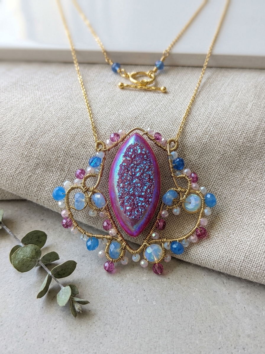 Once Upon A Dream - featuring Aurora Drury Quartz, Ethiopian Opal, Blue Lace Agate, Raspberry Quartz, Pink Opal, Gold Tone Copper Wire, Gold Plated Brass