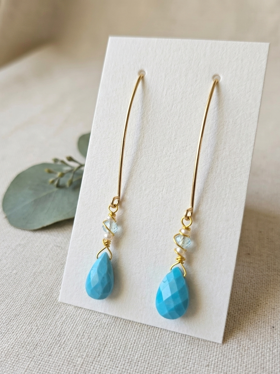 Princess Jasmine- featuring Sleeping Beauty Turquoise, Freshwater Pearls, Faceted Aquamarine Rondelles, Gold Plated Stainless Steel Wire, Gold Plated Copper Wire, Nickel Free Gold Plated Stainless Steel Ear Hooks angle 3