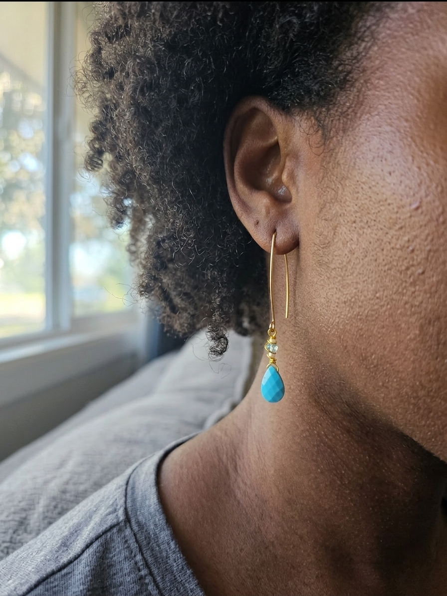 Princess Jasmine- featuring Sleeping Beauty Turquoise, Freshwater Pearls, Faceted Aquamarine Rondelles, Gold Plated Stainless Steel Wire, Gold Plated Copper Wire, Nickel Free Gold Plated Stainless Steel Ear Hooks angle 4