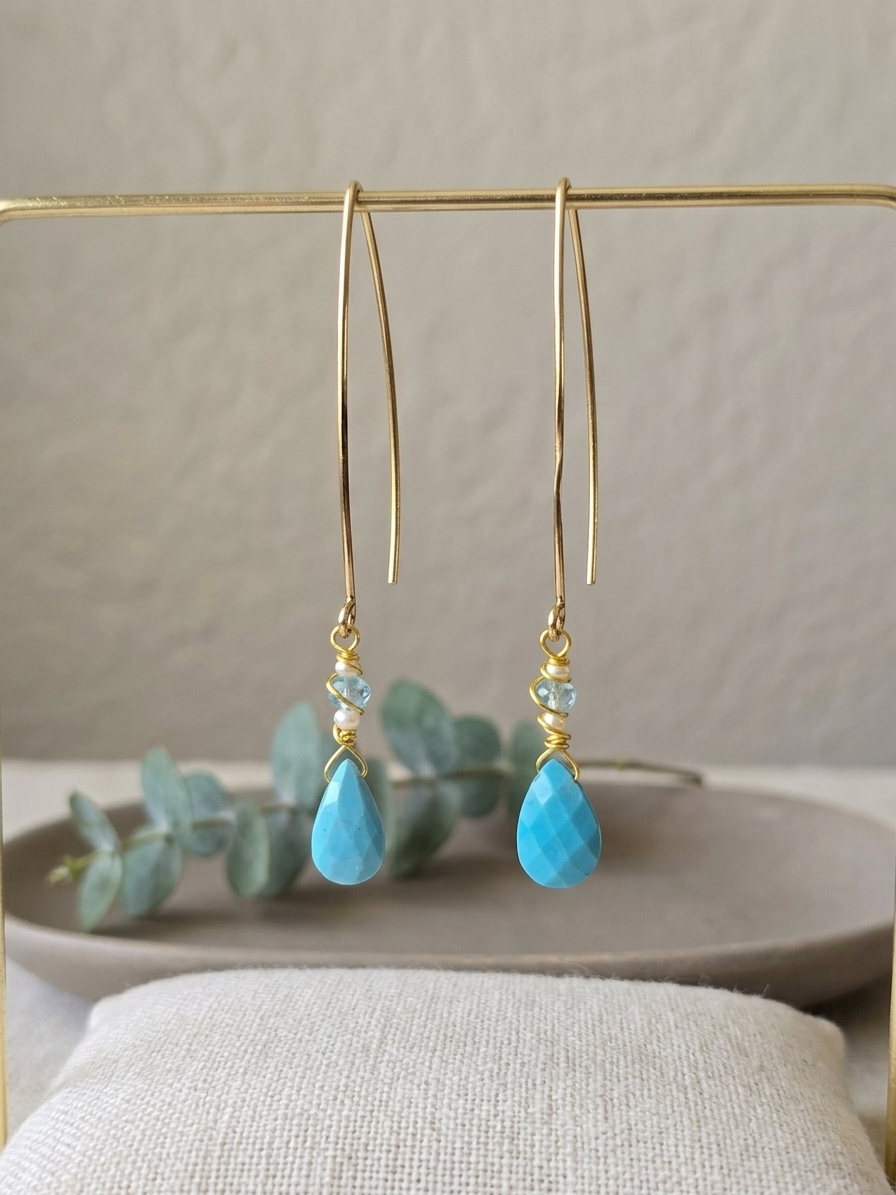 Princess Jasmine- featuring Sleeping Beauty Turquoise, Freshwater Pearls, Faceted Aquamarine Rondelles, Gold Plated Stainless Steel Wire, Gold Plated Copper Wire, Nickel Free Gold Plated Stainless Steel Ear Hooks